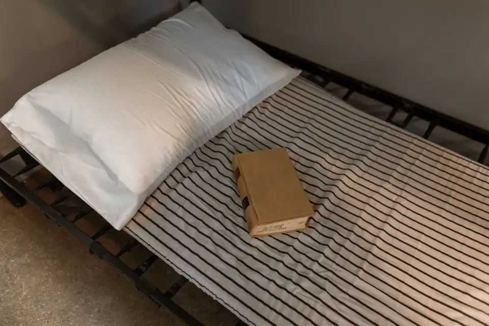 A white pillow on a thin striped mattress over a black metal bed frame